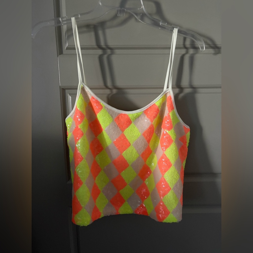 Neon Argyle Sequin Cami Tank Top - Neon Orange & Neon Yellow